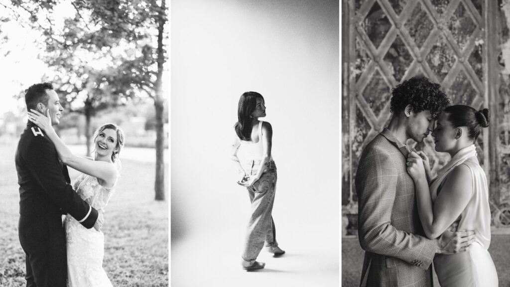Black and white photography collage featuring three portraits: a joyful bride and groom on their wedding day, a woman in jeans and tank top posing in studio light, and a fashionable couple sharing an intimate moment at a historic venue—capturing wedding, branding, and editorial photography styles in Des Moines, Iowa.